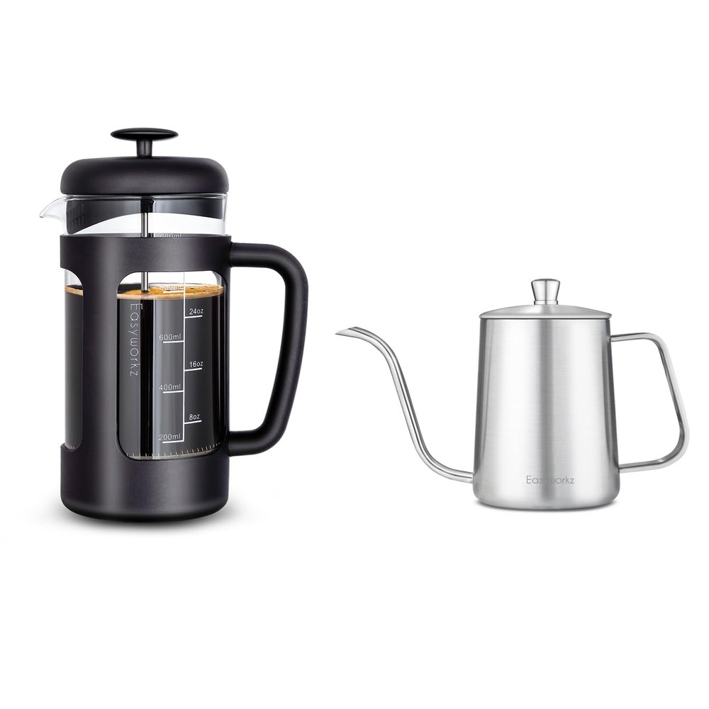 Easyworkz French Press 34 oz, Bundled Gage Gooseneck Pour Over Coffee Kettle 12 oz Stainless Steel Hand Drip Long Narrow Spout, Silver