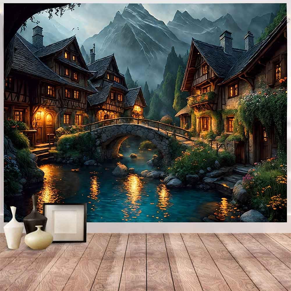 Aidatain Fairytale World Scenery Tapestry Town River Bridge Tapestry a Large 100" L x 90" W Flannel Fabric Landscape Wall Art Hanging for Kids Boys Girls Room Bedroom Dorm Decor GTSHAT115
