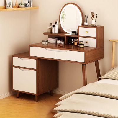 Dressing Table Set with LED Light Mirror, Vanity Dresser for Bedroom and Living Room (White), Modern Vanity Desk for Bedroom, with Led Light Mirror and Cushioned Stool(Color:Brown white,Size:Without s