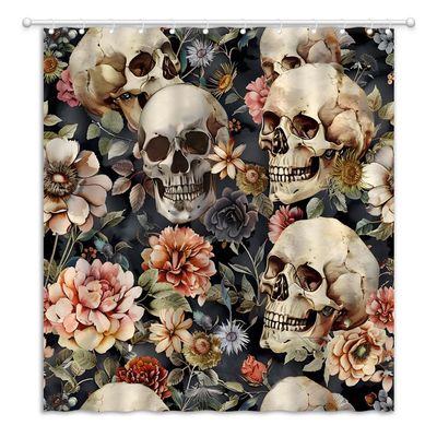 YOZSLGU Skull Floral Shower Curtain Halloween Gothic Skeleton Spooky Flowers Vintage Boho Black Fabric Bathroom Decor Curtains with Hooks, 86" Wx70 H