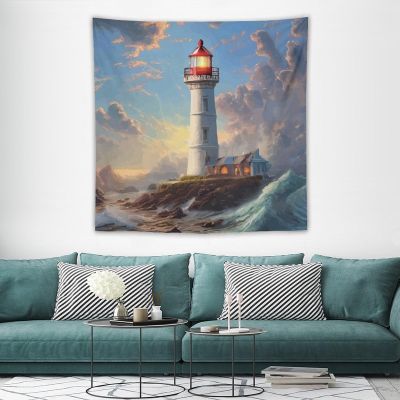 HZOHNAGO Lighthouse Tapestry Oil Painting Sea Wave Lighthouse Pattern Printed Tapestry Wall Hanging for Bedroom Living Room Dorm 60" W x 60" H