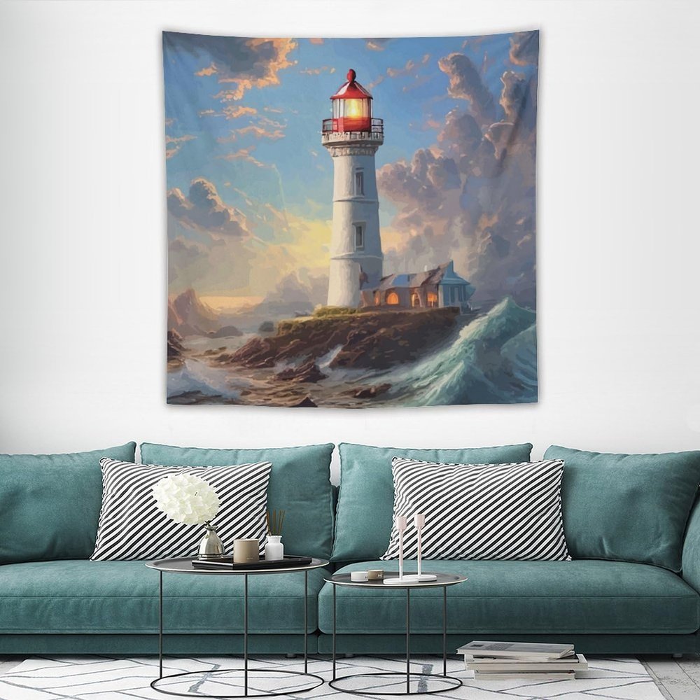 HZOHNAGO Lighthouse Tapestry Oil Painting Sea Wave Lighthouse Pattern Printed Tapestry Wall Hanging for Bedroom Living Room Dorm 60" W x 60" H