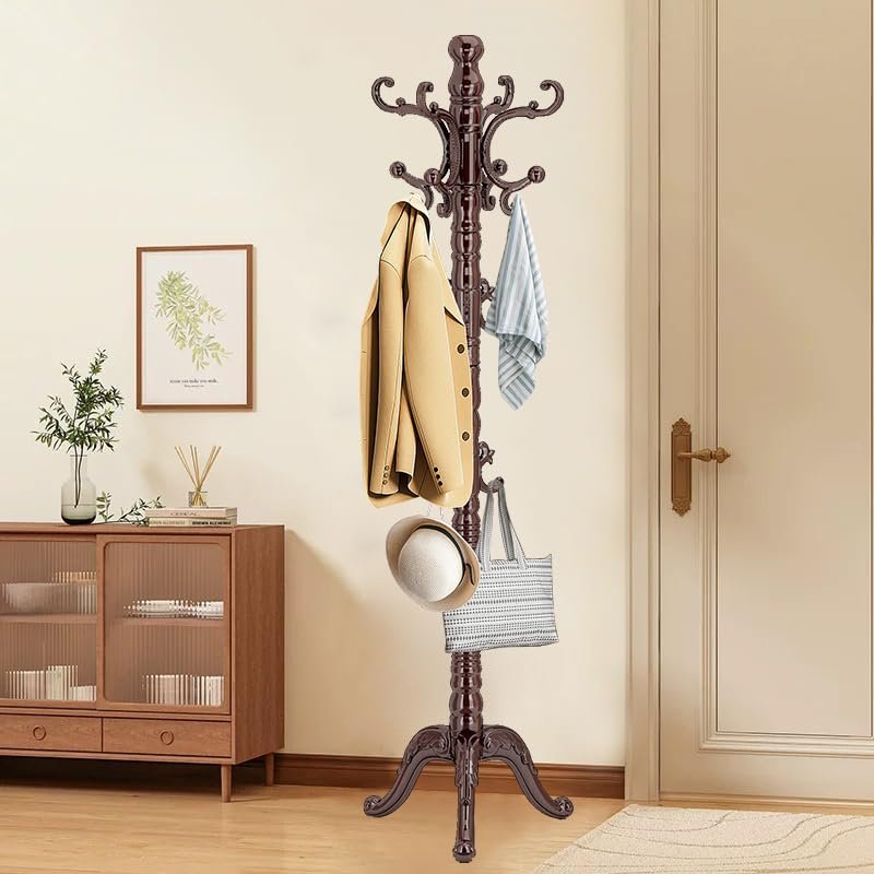 OIRUMIE Wooden Coat Rack Stand, Vintage Wood Coat Rack Freestanding with Sturdy Triangle Base, Classic Coat Racks with 14 Hooks, Natural Birch Wood Coat Tree Hanger Stand for Entryway,Office