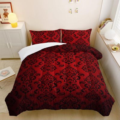Nttopship Red Gothic Floral Print Comforter Set Queen Size,Vintage Damask Floral Bedding Set,Bohemian Exotic Printed Quilted Set for Teens Adult,with 1 Comforter and 2 Pillow Case