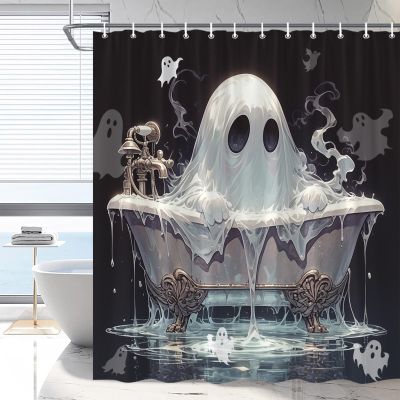 RDRUVA Spooky Shower Curtain Horror Halloween Bathtub Black Background Holiday Ambience Decoration Vintage Trick or Treat Bathroom Decoration Polyester Waterproof Machine Washable with Hooks