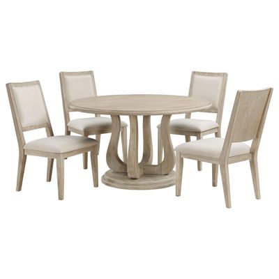 Coaster Home Furnishings - Trofello - Wood - 5-Piece Farmhouse Round Pedestal Dining Table Set with Upholstered Armless Chairs & Curved Legs - Dining Room - White Washed & Beige - 123120-S5