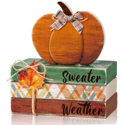 FairySandy 4 Pcs Thanksgiving Decorations for Home Fall Tiered Tray Decor Wood Book Stack with Sign Autumn Stacked Book Decor Bundle for Office Table Shelf Decorative Trays(Pumpkin)