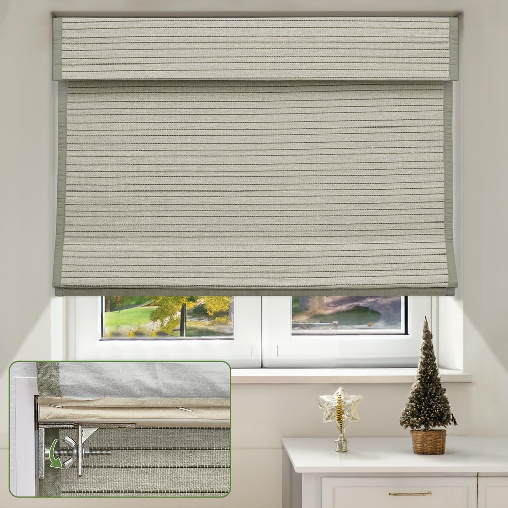 MiLin No Tools No Drill Natural Ramie Cordless Roman Shades for Windows Blackout, Custom Privacy Linen Roman Window Shades, Easy to Install Blackout Blinds for Home Kitchen (Taupe, 49" W x 48" H)