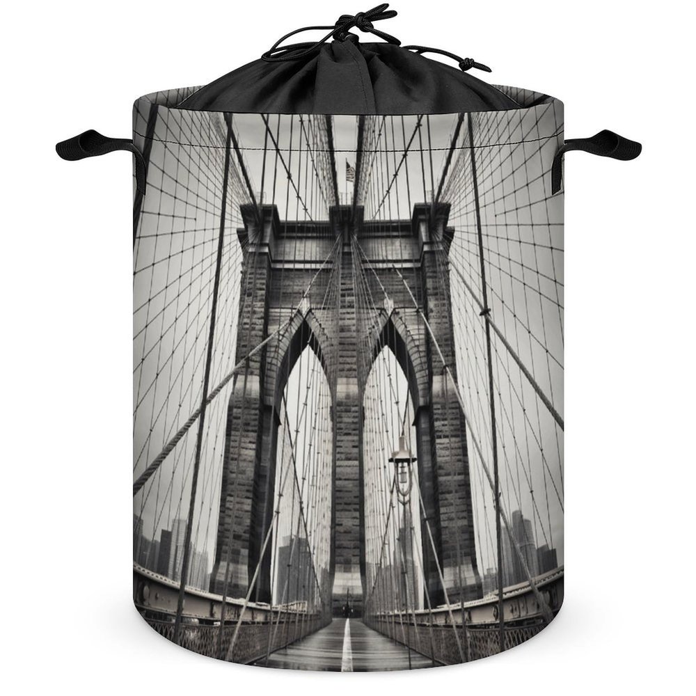 Round Laundry Basket with Handles Personalized Laundry Hamper for Bedroom Brooklyn Bridge Circular Laundry Lightweight Waterproof Storage Basket Dirty Clothes Hamper for Bathroom Dorm