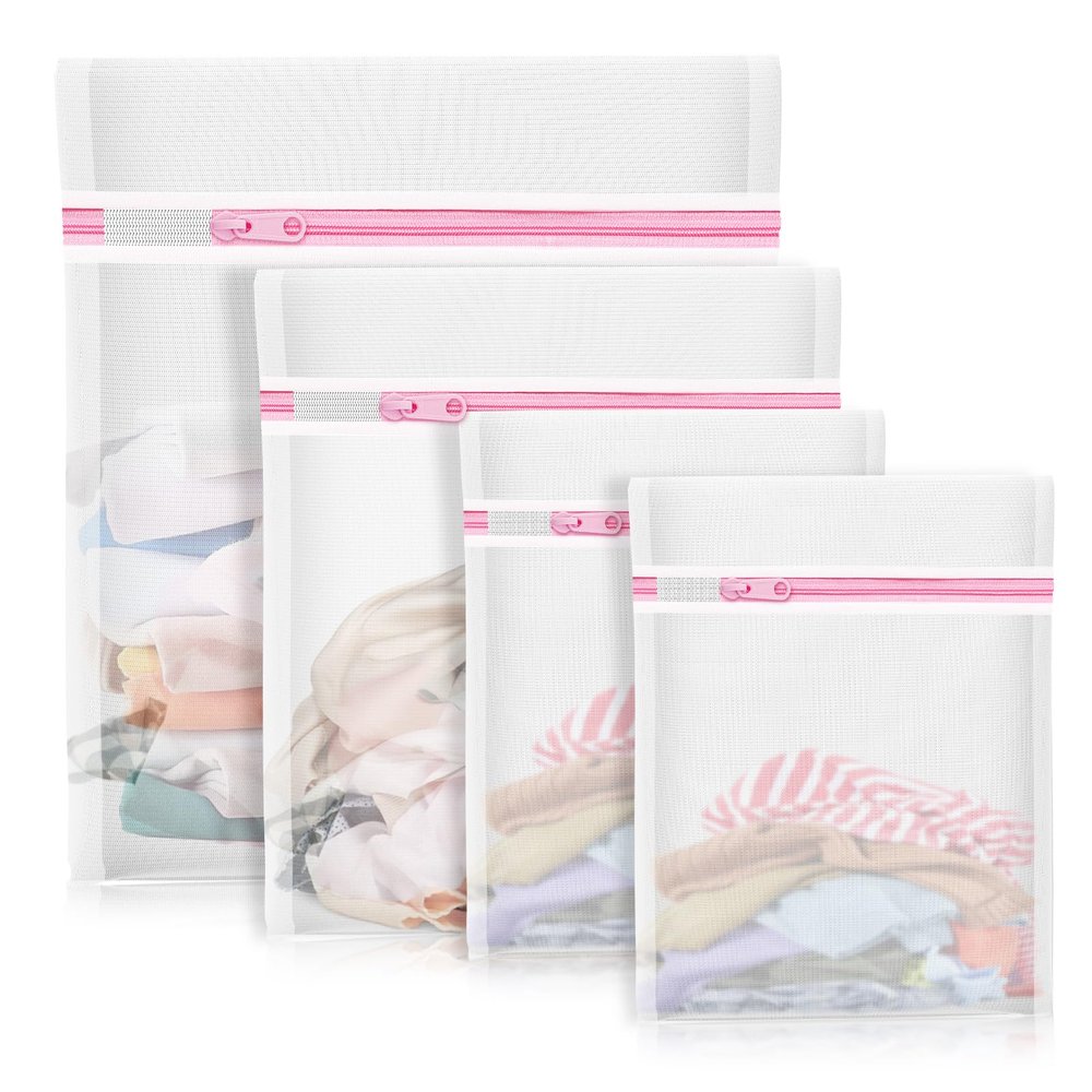 4Pcs Mesh Laundry Bags, Lingerie Bags for Washing Delicates,Mesh Wash Bags for Toy Storage & Cleaning, Travel Storage Organizer Bag, Dorm Room Essentials (1 Large, 1 Medium, 2 Small) (Fine Net)