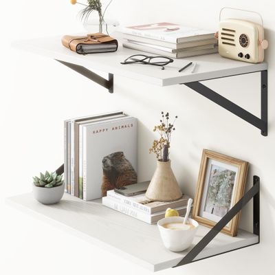 Deep Floating Shelves, 12 Inch Deep Floating Shelves for Wall, 24"W x 12"D Wall Shelves for Books, Rustic White Wooden Shelves, Large Wide Display Shelf for Bathroom, Living Room, Bedroom, Set of 2
