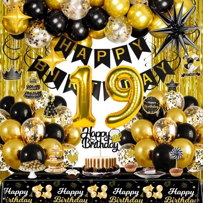Black and Gold 19th Birthday Decorations for Men Women, Gold Party Decorations include Happy Birthday Banner, Tablecloth, Fringe Curtains, Star Foil Balloons for 19th Birthday Decorations