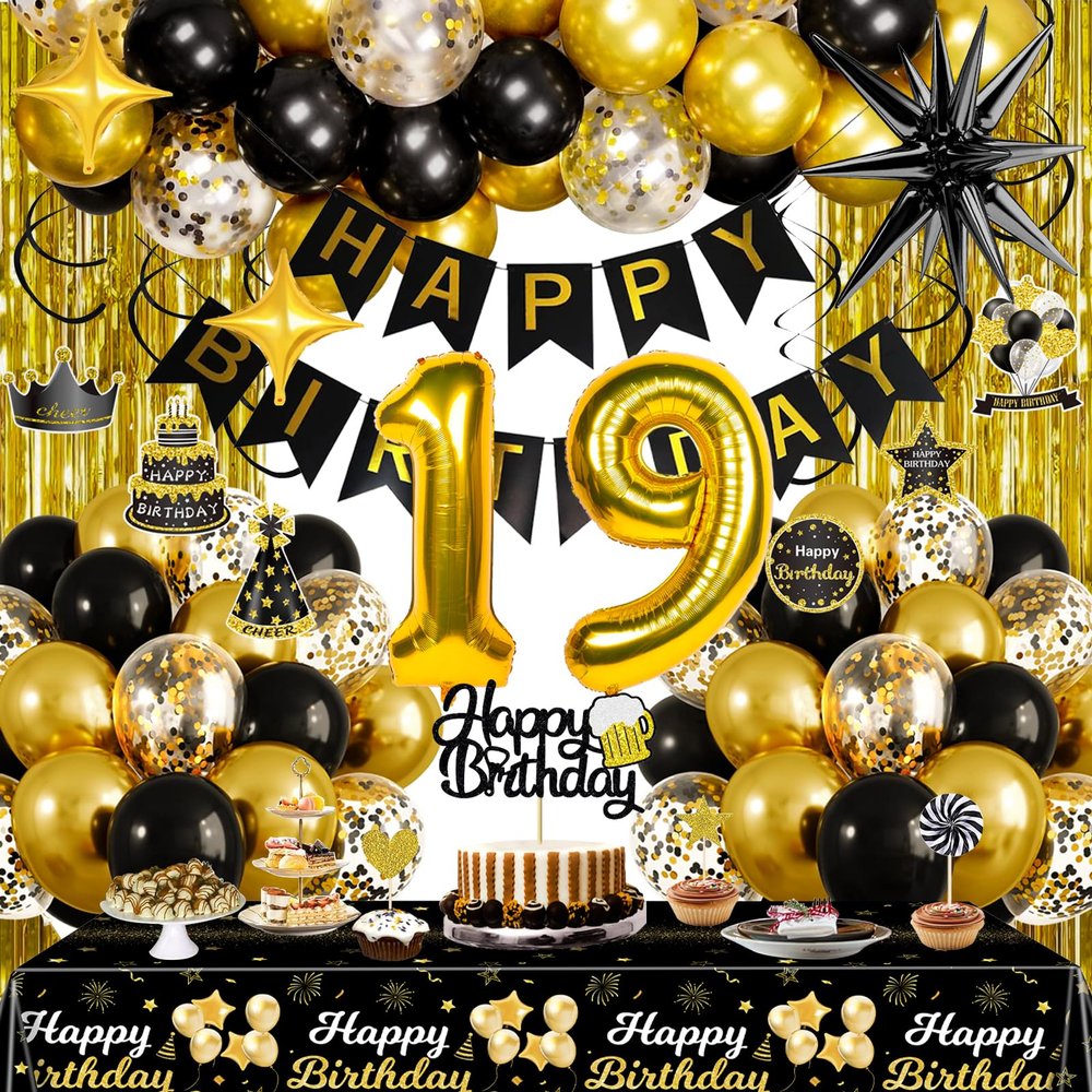 Black and Gold 19th Birthday Decorations for Men Women, Gold Party Decorations include Happy Birthday Banner, Tablecloth, Fringe Curtains, Star Foil Balloons for 19th Birthday Decorations