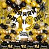 Black and Gold 19th Birthday Decorations for Men Women, Gold Party Decorations include Happy Birthday Banner, Tablecloth, Fringe Curtains, Star Foil Balloons for 19th Birthday Decorations view 1
