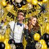 Black and Gold 19th Birthday Decorations for Men Women, Gold Party Decorations include Happy Birthday Banner, Tablecloth, Fringe Curtains, Star Foil Balloons for 19th Birthday Decorations view 4