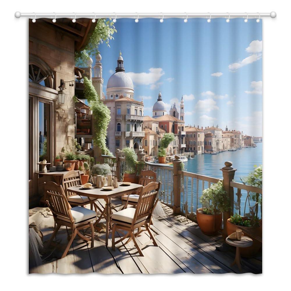 YOZSLGU Italian Street Shower Curtain City Natural Scenery Mediterranean Tuscan Europe Landscape Fabric Bathroom Decor Curtains with Hooks, 86" Wx70 H