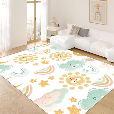 Rugsjwaizj Cute Fluffy Kids Rug for Girls Bedroom - Rainbow Living Room Colorful Floor Mat, Soft Washable Non-Slip, Smiling Sun White Cloud Patterns, Nursery Decoration 5x8ft