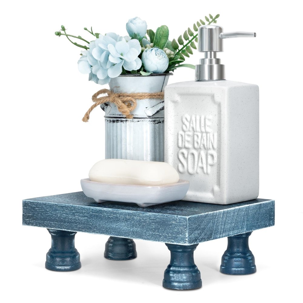 EOSAHR Square Wood Riser Display Stand for Dusty Blue Bathroom Decor, Blue