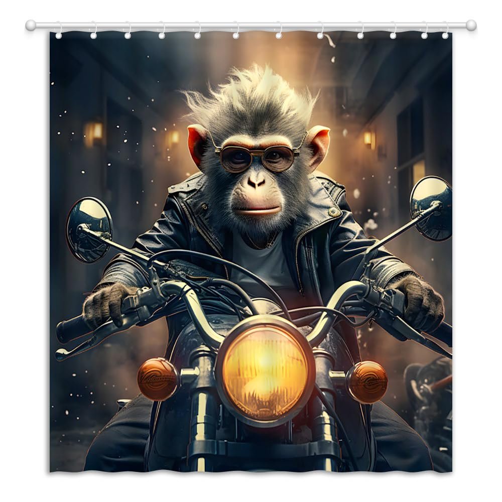 YOZSLGU Funny Monkey Shower Curtain Funny Animal Gorilla Riding Motorcycle Fabric Bathroom Decor Curtains with Hooks, 55" Wx70 H