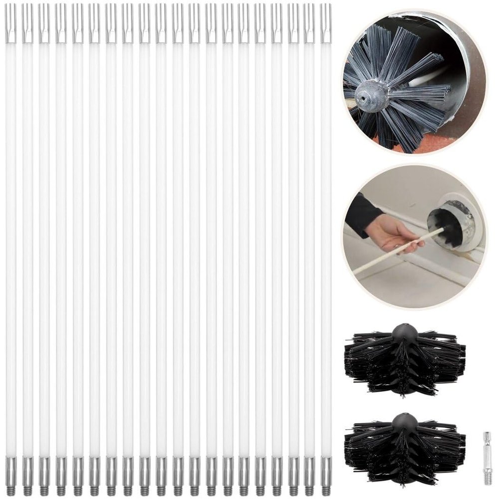 Kit With 20 Rods And 2 Heads For Sweeping Chimneys, Duct Cleaning Brush Set, 23 Piece Chimney Sweep Tool, Flexible Rods And Drill Connector For Vents, Fireplaces, Chimneys
