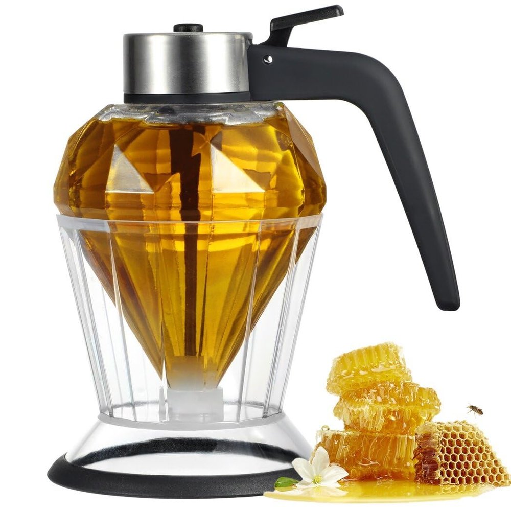 Elegant Honey Pot With Stand, No-Drip Glass Syrup Dispenser, Diamond Shaped Jar For Sauces, Vinegar, Oil