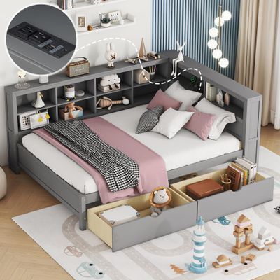 VilroCaz Modern Full Size Daybed with L-Shaped Bookcases, Solid Wood Daybed Sofa Bed Frame with 2 Drawers and USB Charging Ports for Office Living Room Bedroom, Maximize Space (Grey-HF)