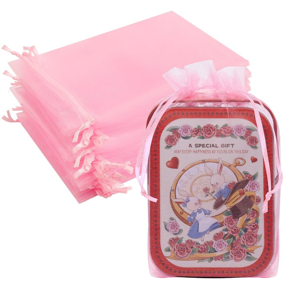 Crweety 50 Pcs Pink Organza Bags 6x9 Inch, Mesh Drawstring Pouch Bags for Valentine Gifts, Jewelry, Wedding Party Favors