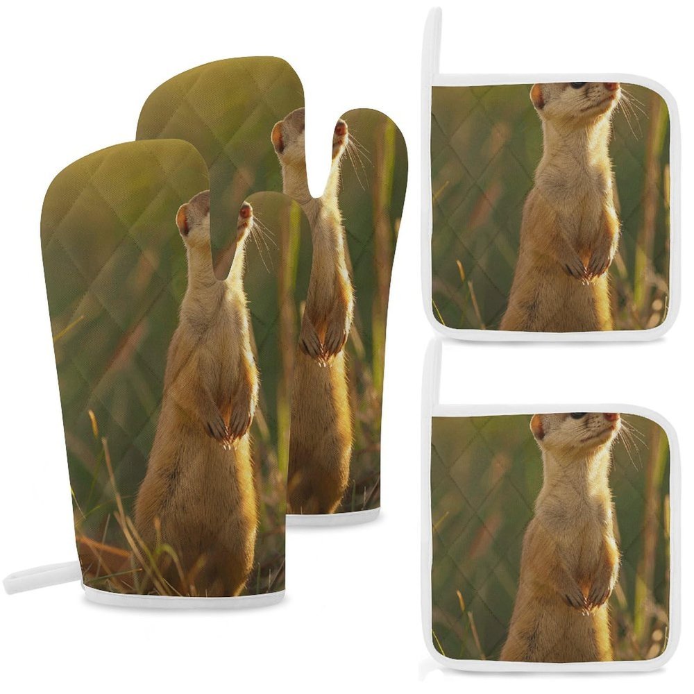 4 Pcs Oven Mitts and Pot Holders Heat Resistant Kitchen Oven Mitts with Pot Holders Stand on Hind Legs Microwave Gloves Non-Slip Kitchen Hot Pads Set for Baking Cooking BBQ