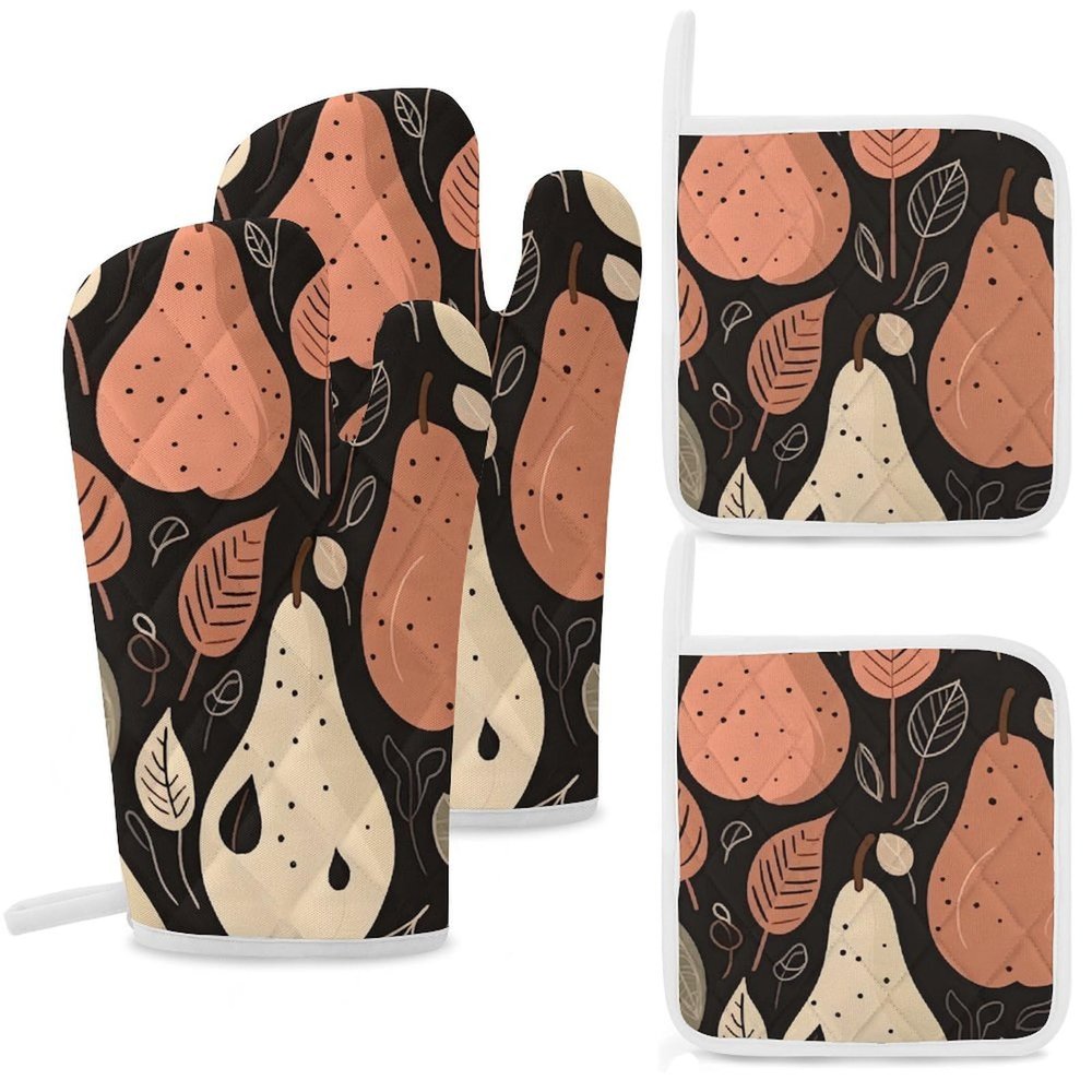 DJUETRUI 4 Pcs Oven Mitts and Pot Holders Heat Resistant Kitchen Oven Mitts with Pot Holders Black and Light Beige Microwave Gloves Non-Slip Kitchen Hot Pads Set for Baking Cooking BBQ