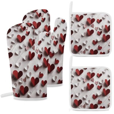 4 Pcs Oven Mitts and Pot Holders Heat Resistant Kitchen Oven Mitts with Pot Holders Many Heart-Shaped Paper Cuts Microwave Gloves Non-Slip Kitchen Hot Pads Set for Baking Cooking BBQ