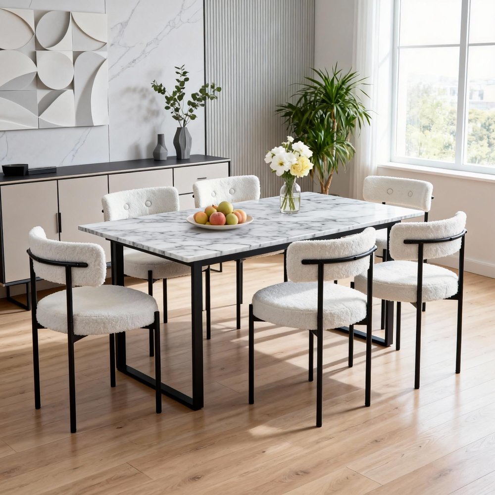 AVAWING White Boucle Dining Chairs Set of 6, Modern Kitchen Chairs with Black Metal Legs and Curved Backrest, Round Dining Room Chairs for Dining Room and Kitchen