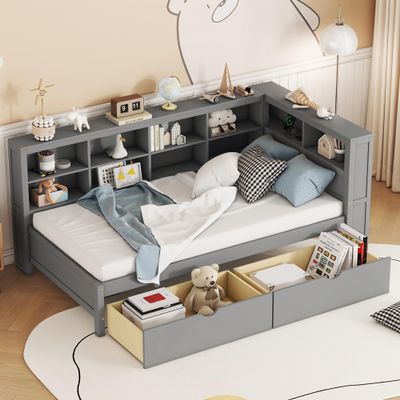 Wooden Twin Size DayBed Platform Bed with L-Shaped Headboard and Storage Shelf, Daybed Sofa Bed Frame with 2 Drawers and USB Charging Ports for Office Living Room Bedroom, Maximize Space (Grey-T5)