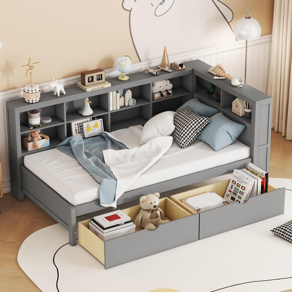 Wooden Twin Size DayBed Platform Bed with L-Shaped Headboard and Storage Shelf, Daybed Sofa Bed Frame with 2 Drawers and USB Charging Ports for Office Living Room Bedroom, Maximize Space (Grey-T5)