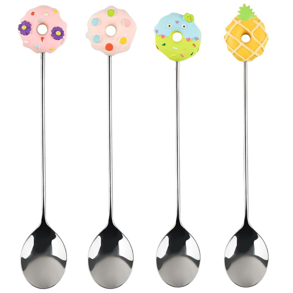 AUEAR, 4 Pack Cute Coffee Spoons Doughnut Stainless Steel Donut Teaspoons Dessert Cake Yogurt Ice Cream for Home Office Party Restaurant