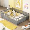 CITYLIGHT Full Floor Bed with High Rails, Wood Montessori Floor Bed with Door Design, Kids Full Bed Frame with Bed Slats for Boys Girls Children,Grey view 1
