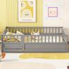 CITYLIGHT Full Floor Bed with High Rails, Wood Montessori Floor Bed with Door Design, Kids Full Bed Frame with Bed Slats for Boys Girls Children,Grey view 3
