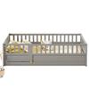 CITYLIGHT Full Floor Bed with High Rails, Wood Montessori Floor Bed with Door Design, Kids Full Bed Frame with Bed Slats for Boys Girls Children,Grey view 4