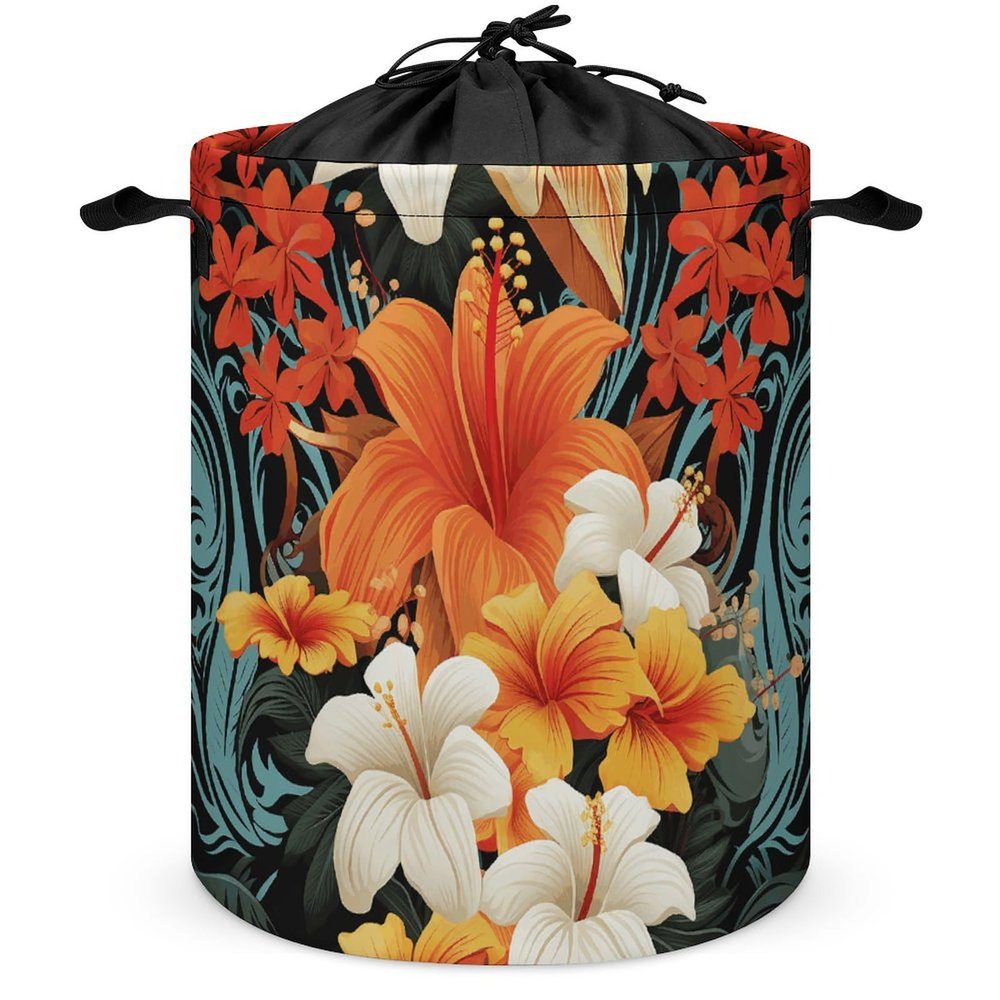 Round Laundry Basket with Handles Personalized Laundry Hamper for Bedroom Flowers And Hawaiian Tribal Patterns Circular Laundry Lightweight Waterproof Storage Basket Dirty Clothes Hamper for Bathroom