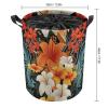 Round Laundry Basket with Handles Personalized Laundry Hamper for Bedroom Flowers And Hawaiian Tribal Patterns Circular Laundry Lightweight Waterproof Storage Basket Dirty Clothes Hamper for Bathroom view 2