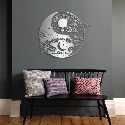Yin Yang Metal Wall Art, Metal Yin Yang Wall Decor, Day and Night Art, Sun Moon Wall Decoration, Cloud Wall Art, Yoga Meditation Zen Room Bedroom Decor (24"x21" | 60x54cm, Silver)