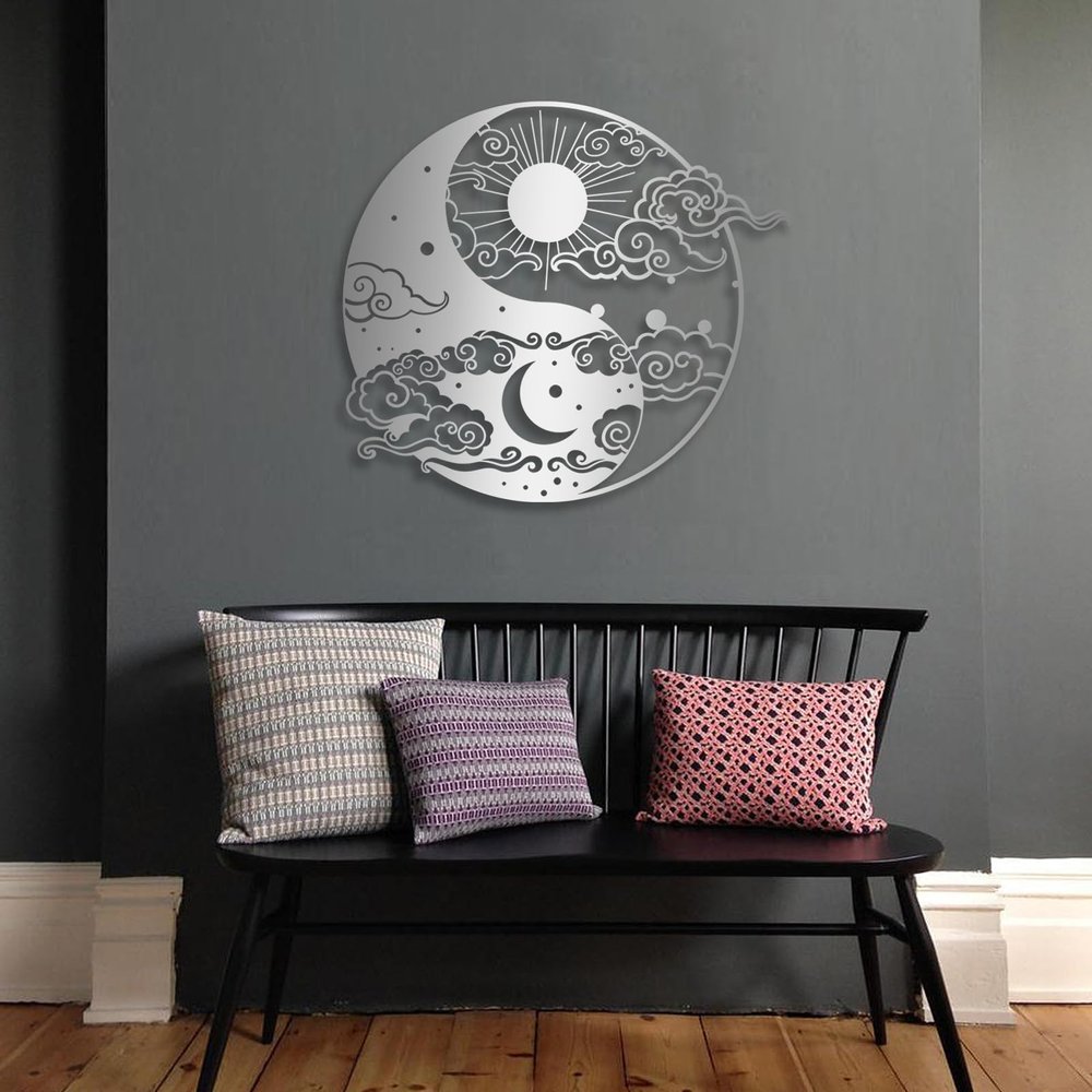 Yin Yang Metal Wall Art, Metal Yin Yang Wall Decor, Day and Night Art, Sun Moon Wall Decoration, Cloud Wall Art, Yoga Meditation Zen Room Bedroom Decor (24"x21" | 60x54cm, Silver)