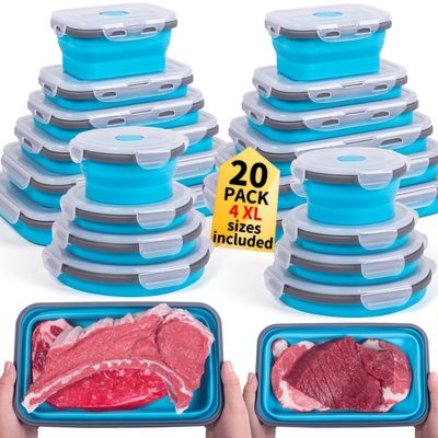 Collapsible Food Storage Containers with Lids 20 Pack(81oz/58oz Extra Large Included), 12 Rectangular+8 Round, Annaklin Silicone Collapsible Food Containers Sets Microwave Freezer Dishwasher Safe Blue