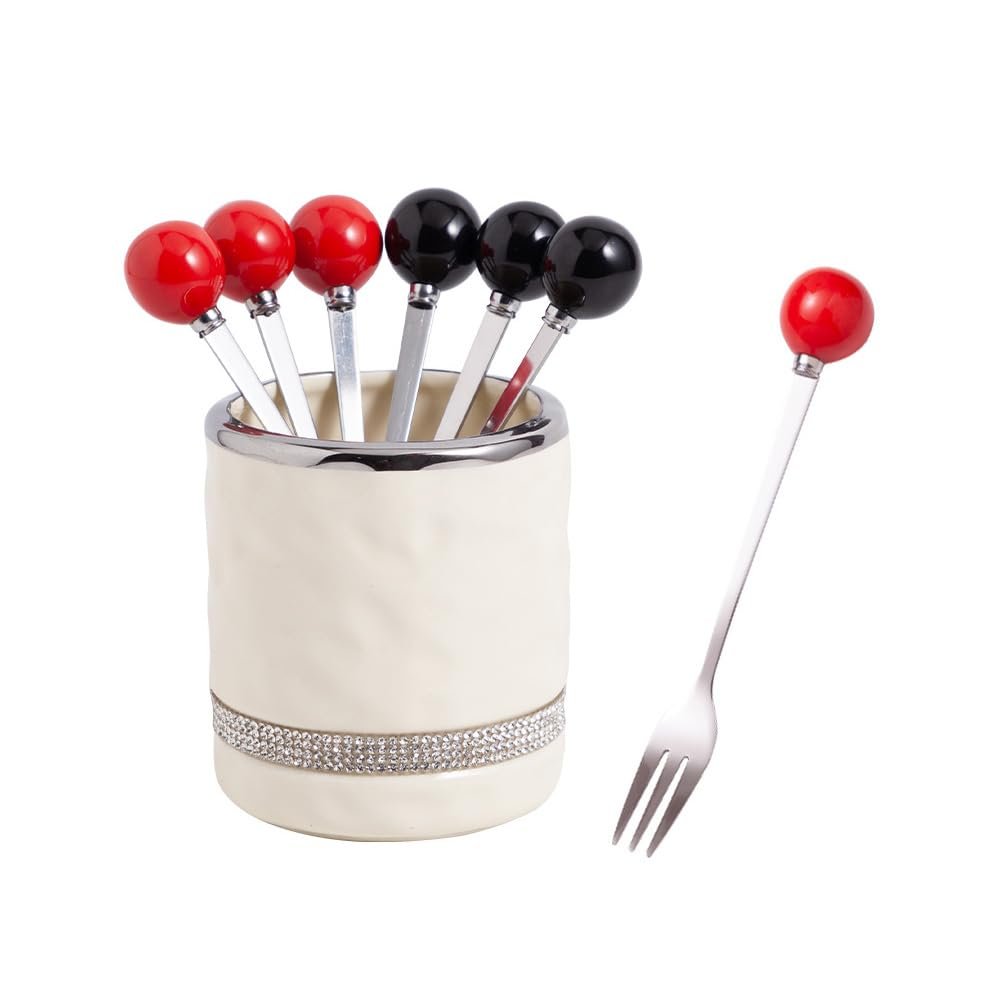 6 Piece Creative Ceramic Container Stainless Steel Fruit Coffee Spoon and Fork Set Light Luxury Dessert Cake Spoon and Fork Fruit Stick Set (White jar mix +6 forks)