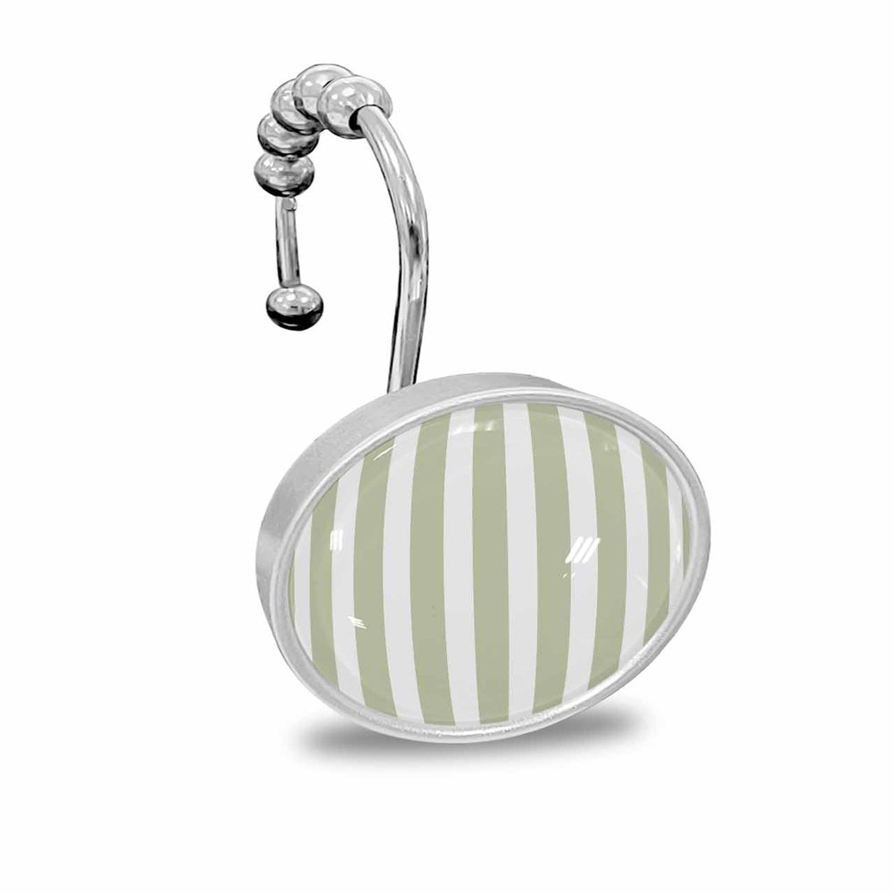 Stripes Shower Curtain Hooks, Sage Green and White Stripes 12PCS Shower Curtain Hooks Rings for Bathroom Stainless Steel Rust Resistant Shower Curtain Hangers