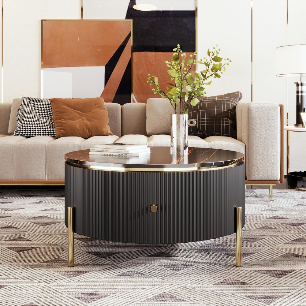 31.5'' Modern Round Coffee Table with 2 Large Drawers Storage Accent Table for Living Room(31.5'')