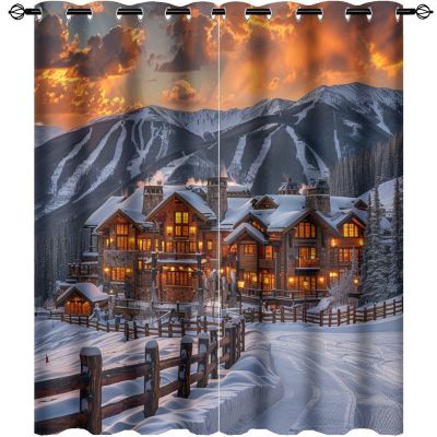 TOWINSFB Cabin Mountain Blackout Curtains, Winter Snow House Sky Grommet Thermal Insulated Curtains Window Drapes for Bedroom Living Room, 2 Panels, Each 21W x 45L