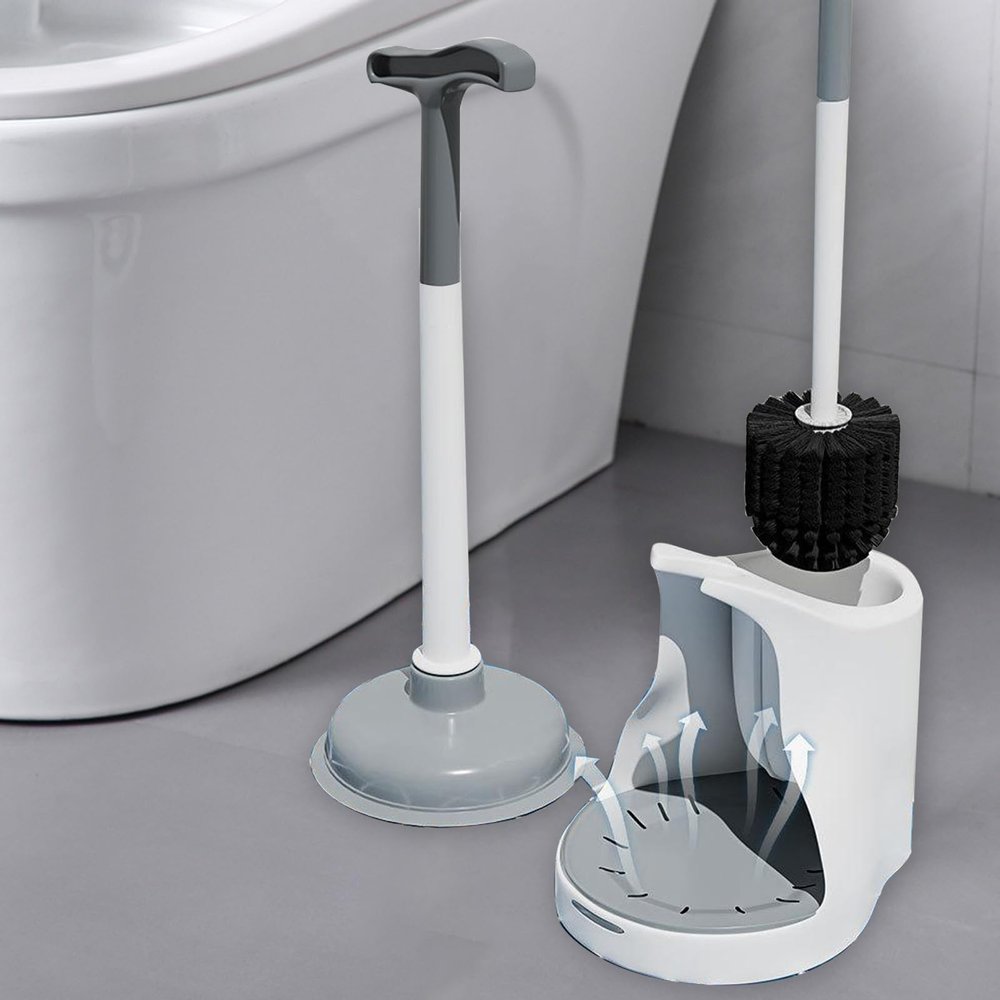 Deluxe Toilet Brush with Toilet Plunger Modern Compact Toilet Cleaning Brush Long Flexible Bristles Strong Cleaning Power Suitable for Bathroom Cleaning