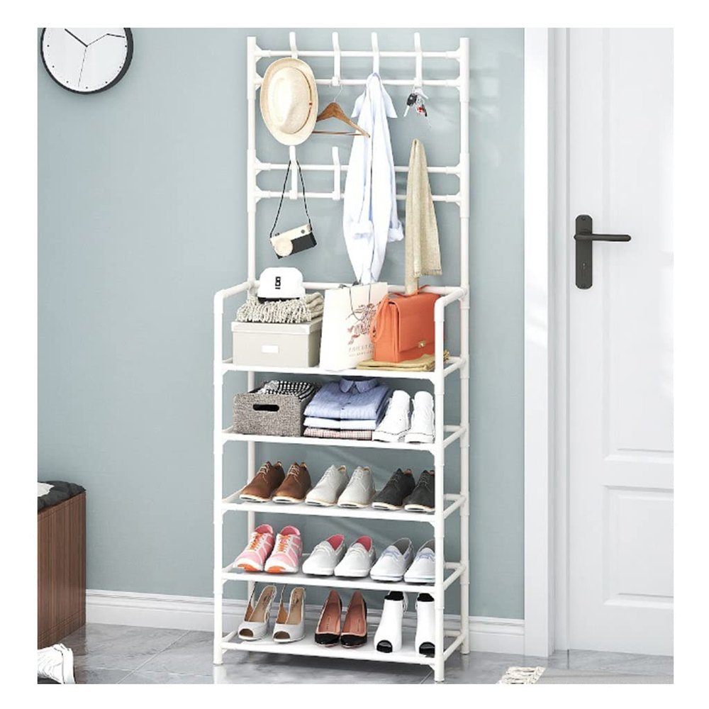 Generic Garment Rail Shoe Bench Coat Stand Rack Hanger Coat Rack Stand,Metal Coat Rack Stand With Removable 16 Hooks 5-Tier Shelves,For Hall, Bathroom, Entryw, 60*28*175cm, White