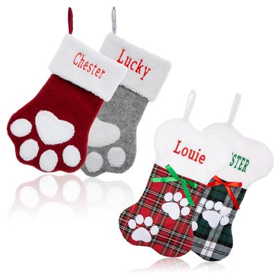 Ulico Personalized Christmas Stocking for Dogs Cats, Large Custom Embroidered Name Pet Paw or Bone Shape Stockings,Xmas Decorations Fireplace Hanging Stockings Family Holiday Dog Cat1 pcs