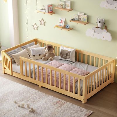 ACQCA Twin Size Floor Bed with Fence and Lockable Door, Wood Montessori Bed Frame with Slat Support for Kids,Boys,Girls,Easy Assembly, Natural